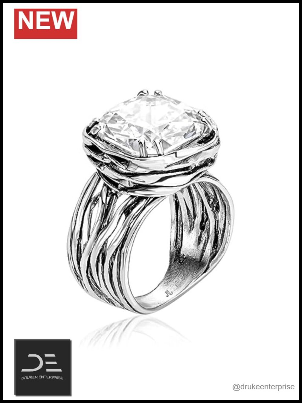 925 Sterling Silver Statement Ring with Cushion Cut Cubic Zirconia - Vintage